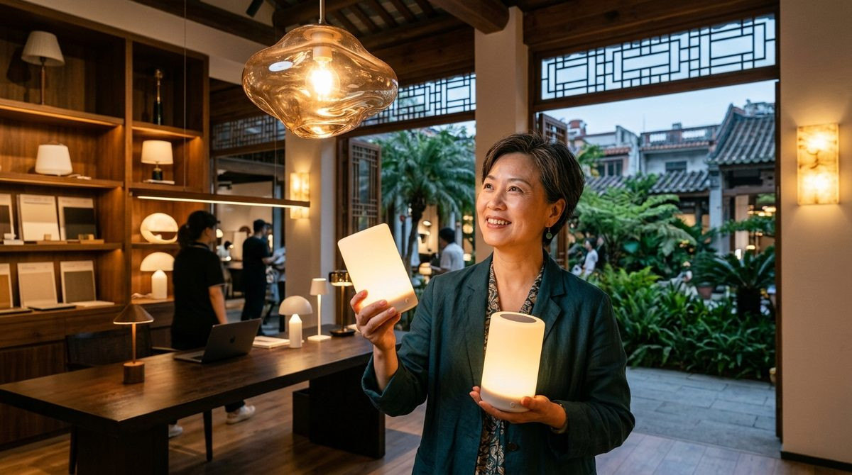Lighting designer comparing a rechargeable table lamp with a sculptural glass pendant