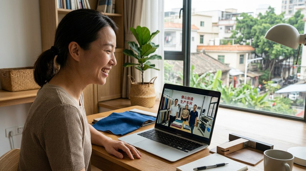 Buyer on a video call with a furniture workshop while reviewing samples at her desk