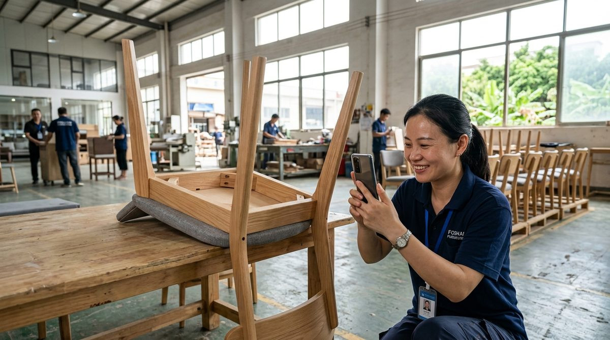 Quality inspector photographing the underside of a dining chair before shipment