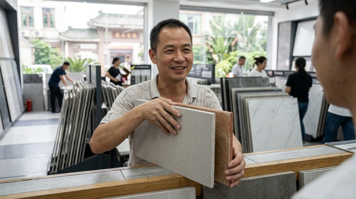 Specialist showing the edge difference between a porcelain tile and a ceramic tile