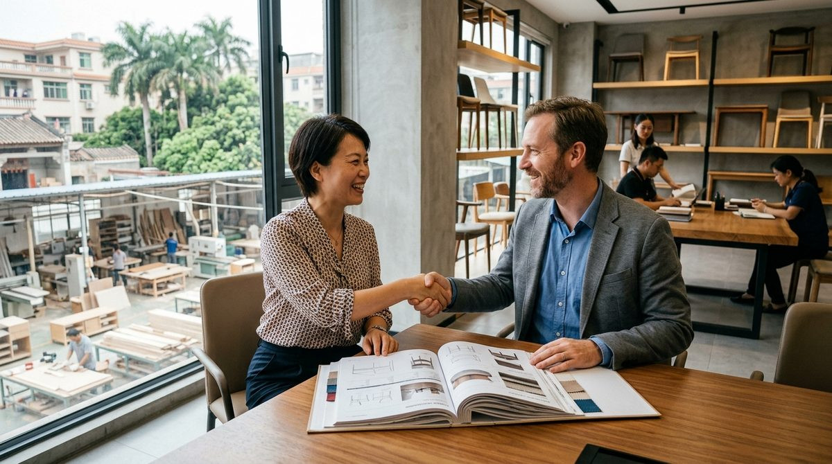 Buyer and factory owner shaking hands over an open specification folder in a meeting room