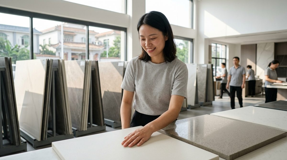 Kitchen designer comparing quartz and sintered stone worktop samples in a stone showroom