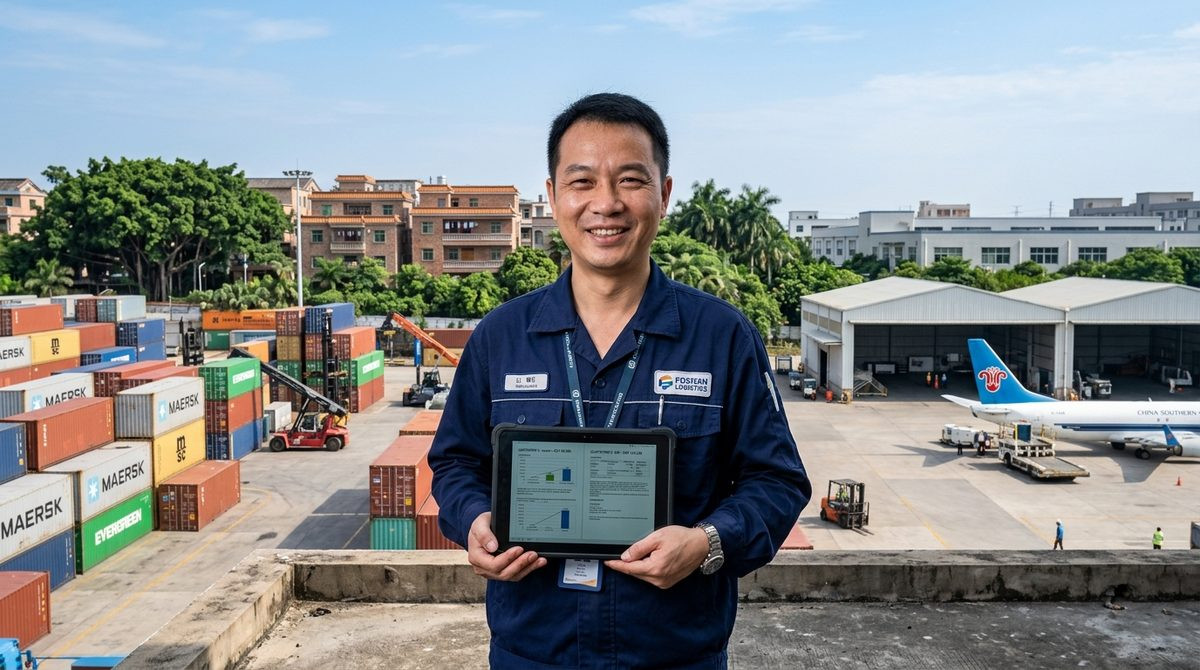 Freight coordinator comparing sea and air freight quotations at a logistics hub
