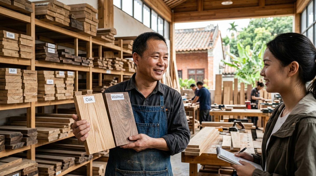 Maker showing a buyer the grain difference between two furniture timber samples