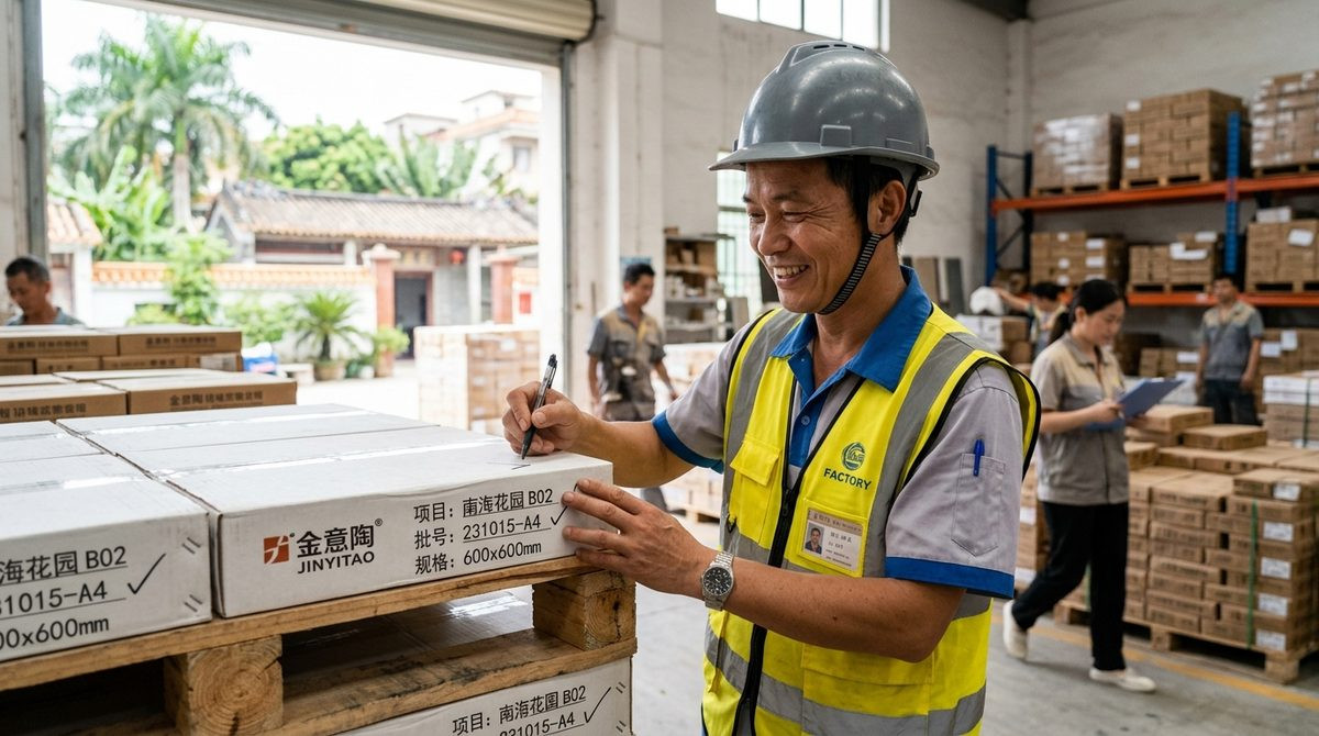 Site supervisor checking the batch number on a tile box label before installation
