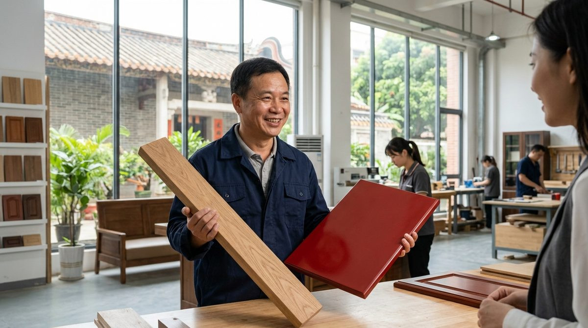 Maker comparing a solid timber rail with a lacquered MDF door panel in a workshop