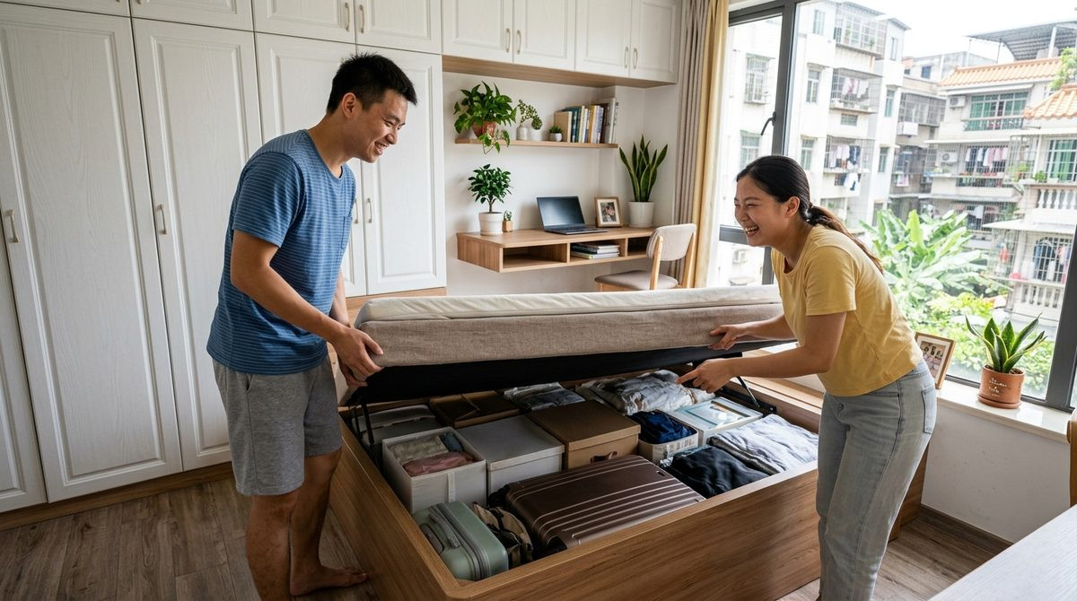 Couple opening a gas lift storage bed in a compact bright apartment bedroom