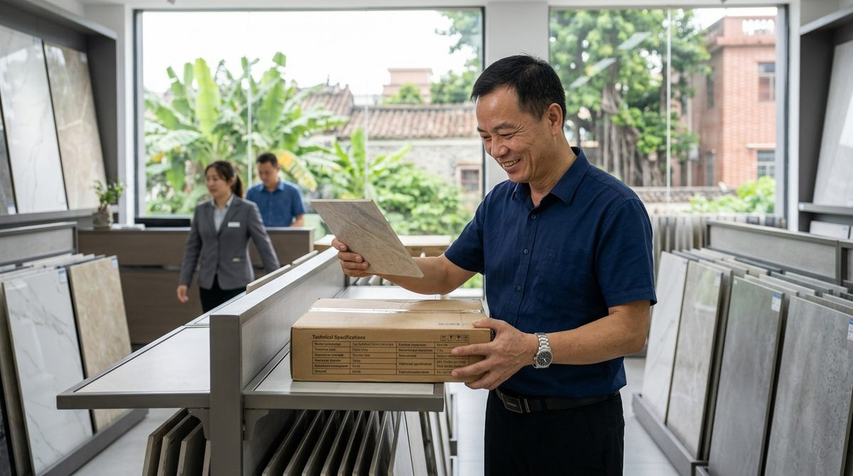 Buyer reading the technical grading data printed on a tile box in a showroom