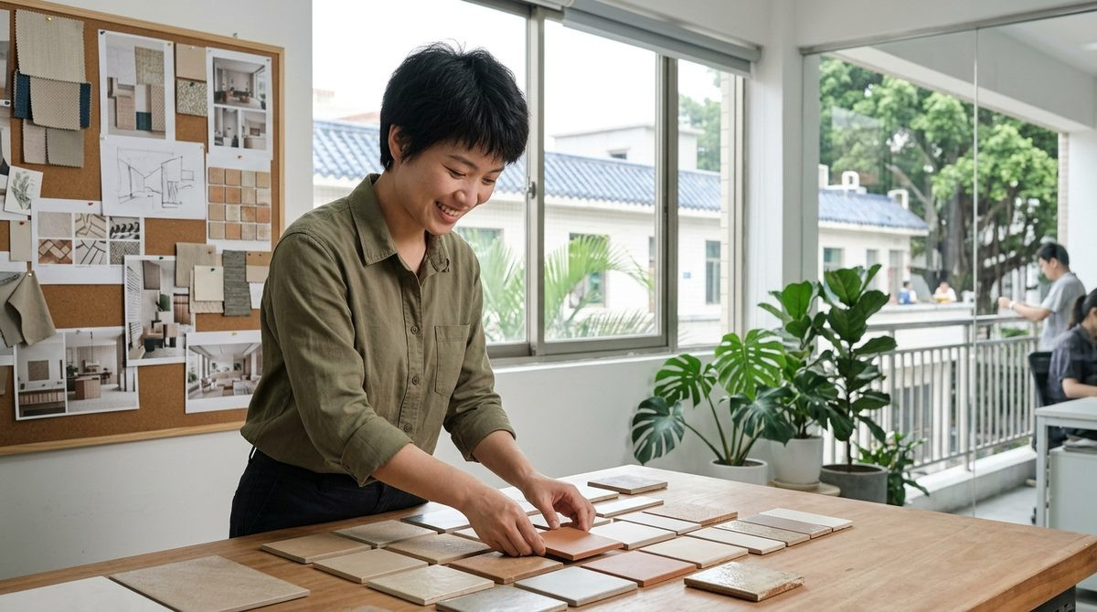 Designer arranging warm neutral and textured tile samples into a palette in a bright studio