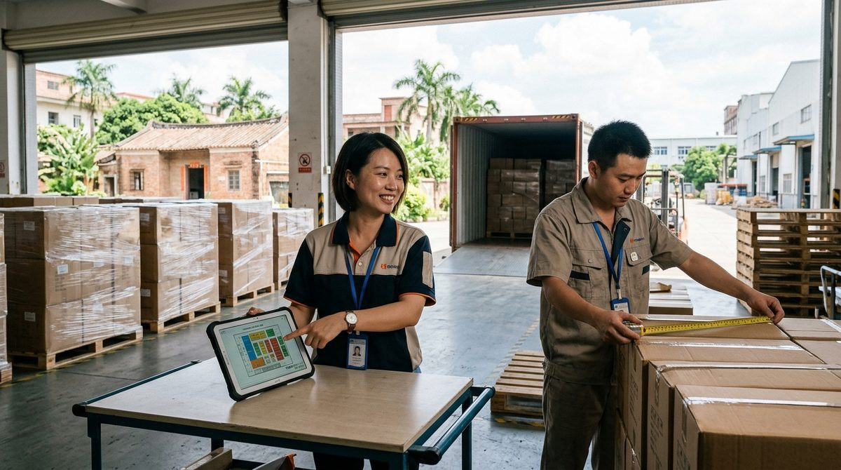 Operations manager reviewing a container loading plan while a colleague measures a carton