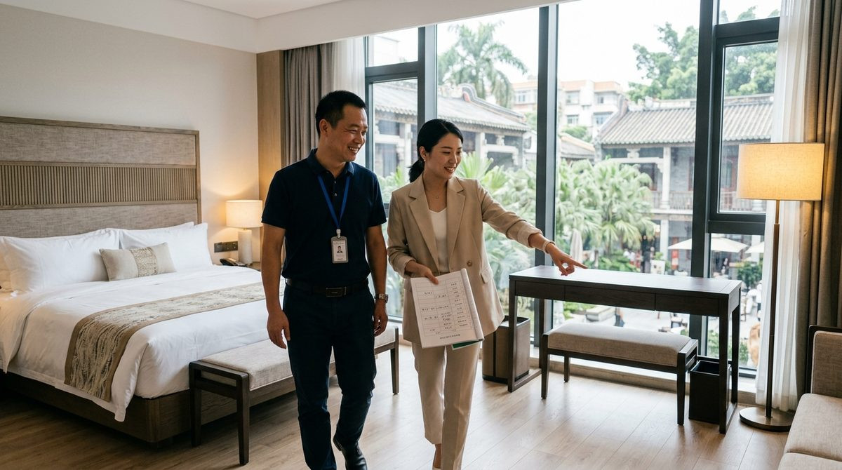 Project manager and designer reviewing the loose furniture in a finished hotel guest room