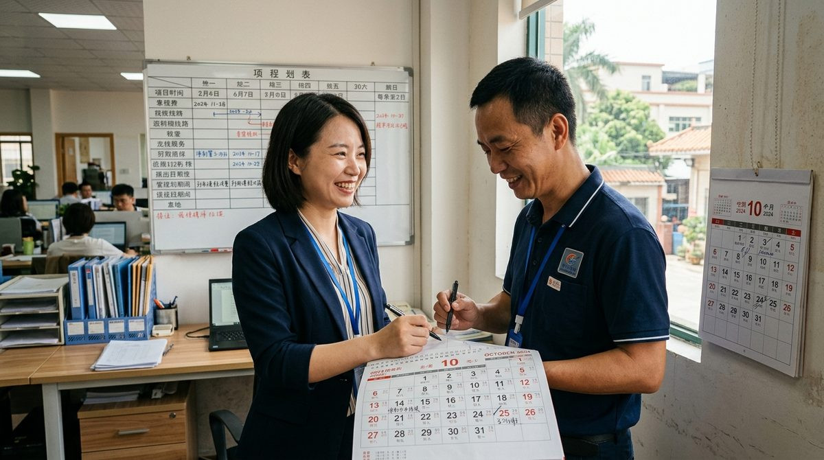Project manager and supplier agreeing a revised delivery date on a wall calendar